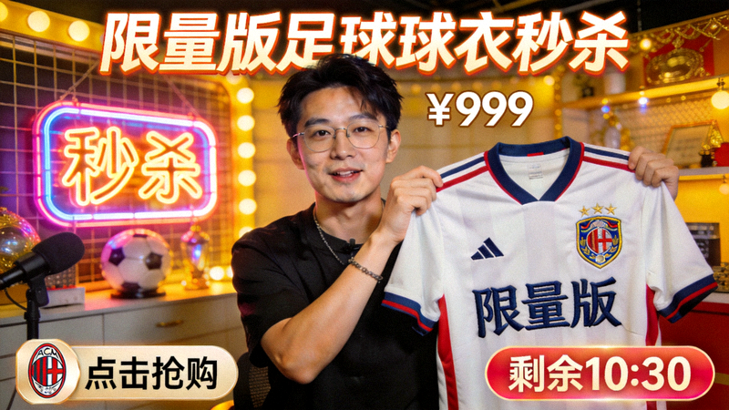 限量版足球球衣秒杀带货直播画面